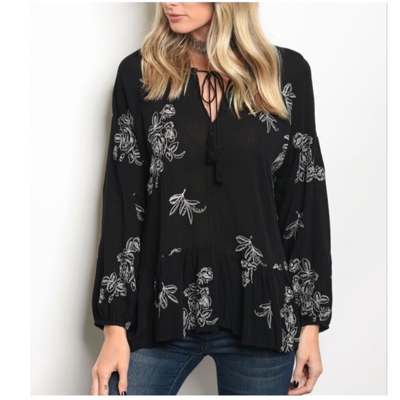 Misty Pearl Tops - Embroidered black & white blouse top long sleeved